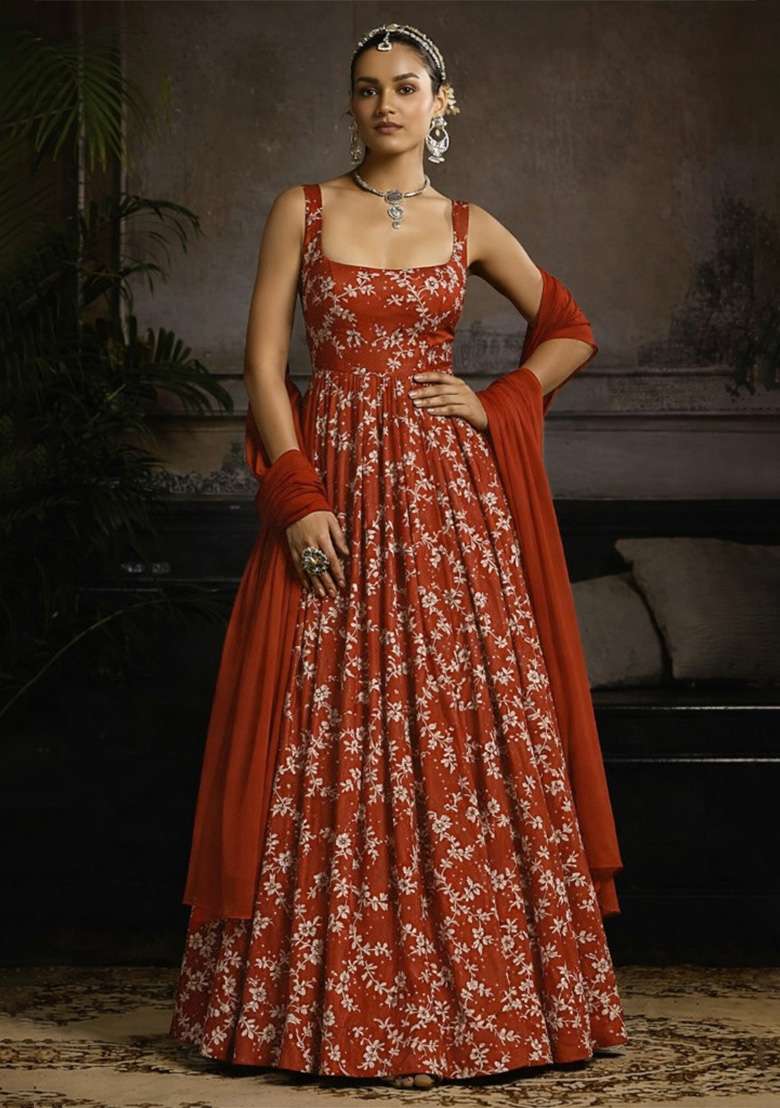 Red Embroidered Crepe Anarkali With Dupatta - Indya