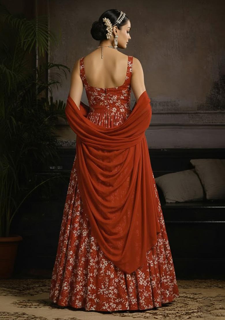 Red Embroidered Crepe Anarkali With Dupatta - Indya