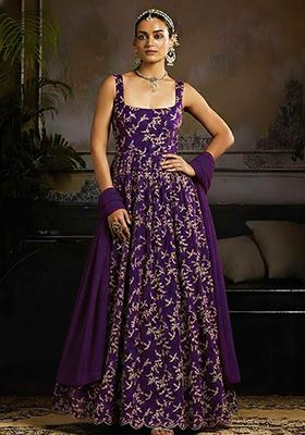 Purple Embroidered Crepe Anarkali With Dupatta