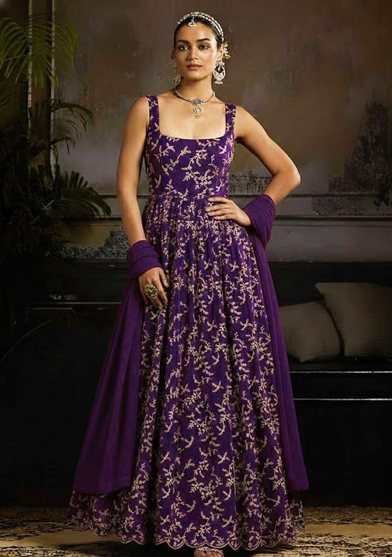 Purple Embroidered Crepe Anarkali With Dupatta - Indya