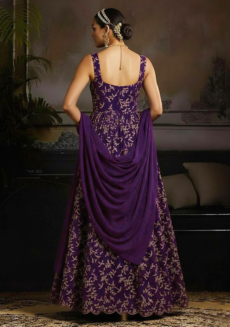 Purple Embroidered Crepe Anarkali With Dupatta - Indya
