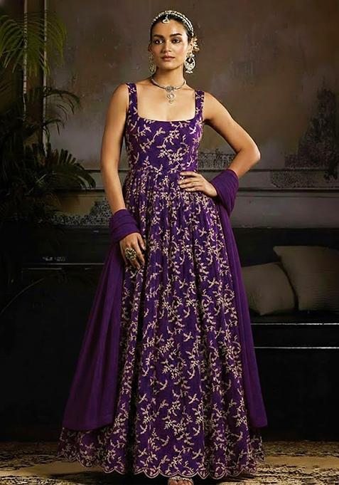 Purple Embroidered Crepe Anarkali With Dupatta