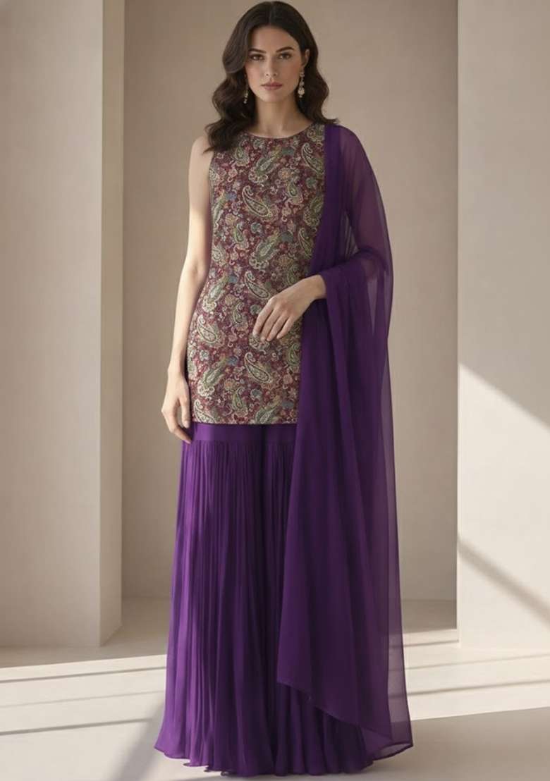 Purple Embroidered Crepe Sharara Set - Indya