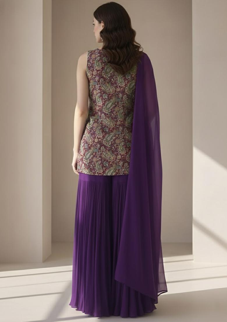 Purple Embroidered Crepe Sharara Set - Indya