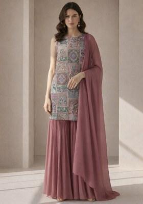 Pink Embroidered Crepe Sharara Set
