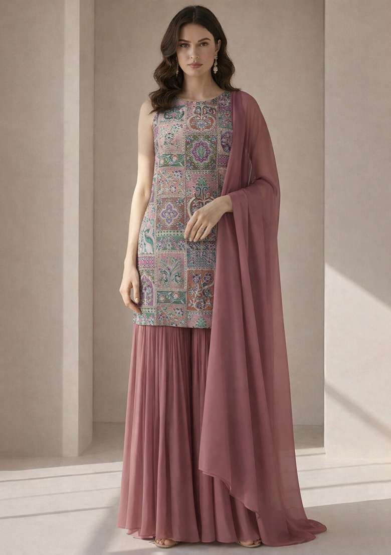 Pink Embroidered Crepe Sharara Set - Indya