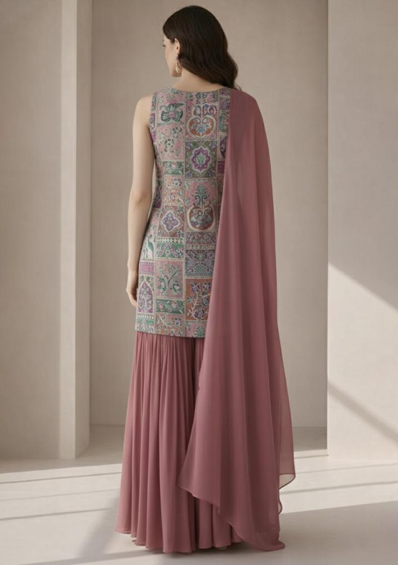 Pink Embroidered Crepe Sharara Set - Indya