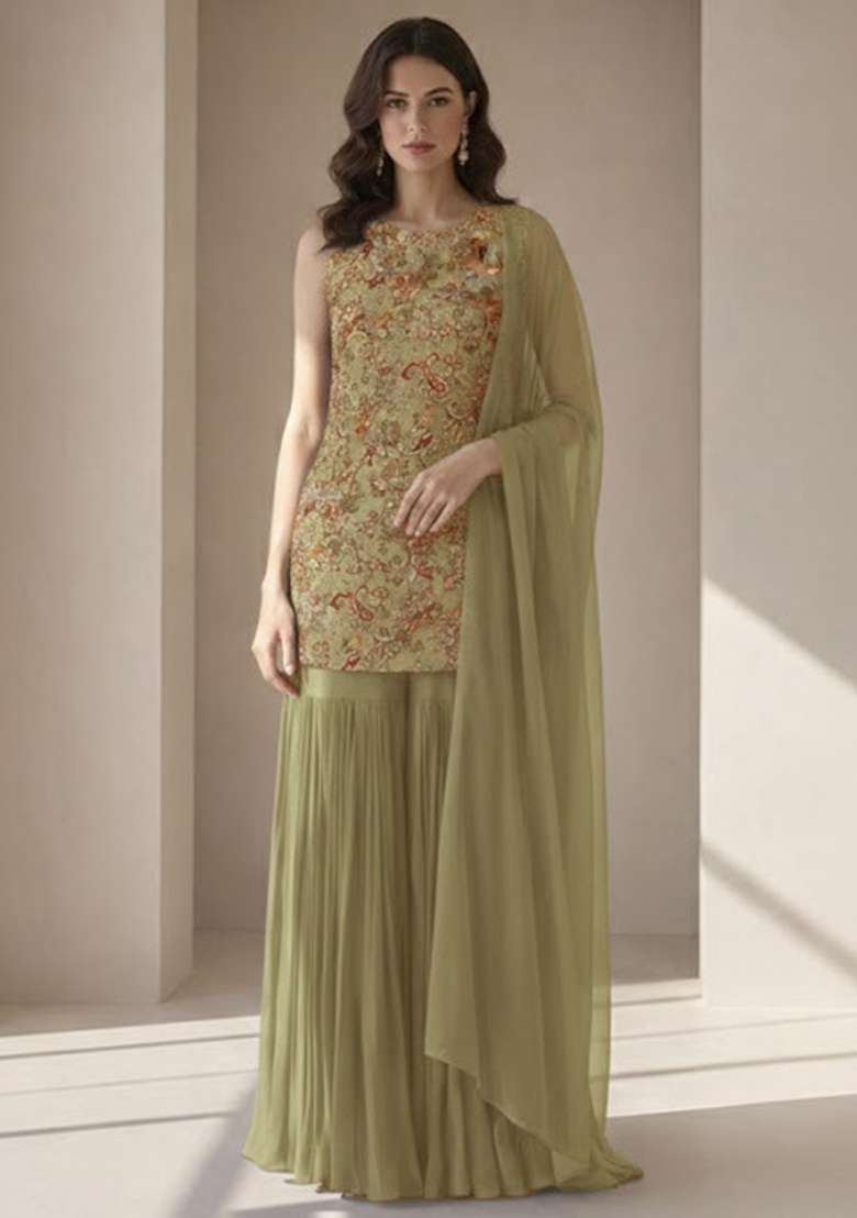 Sage Green Embroidered Crepe Sharara Set - Indya