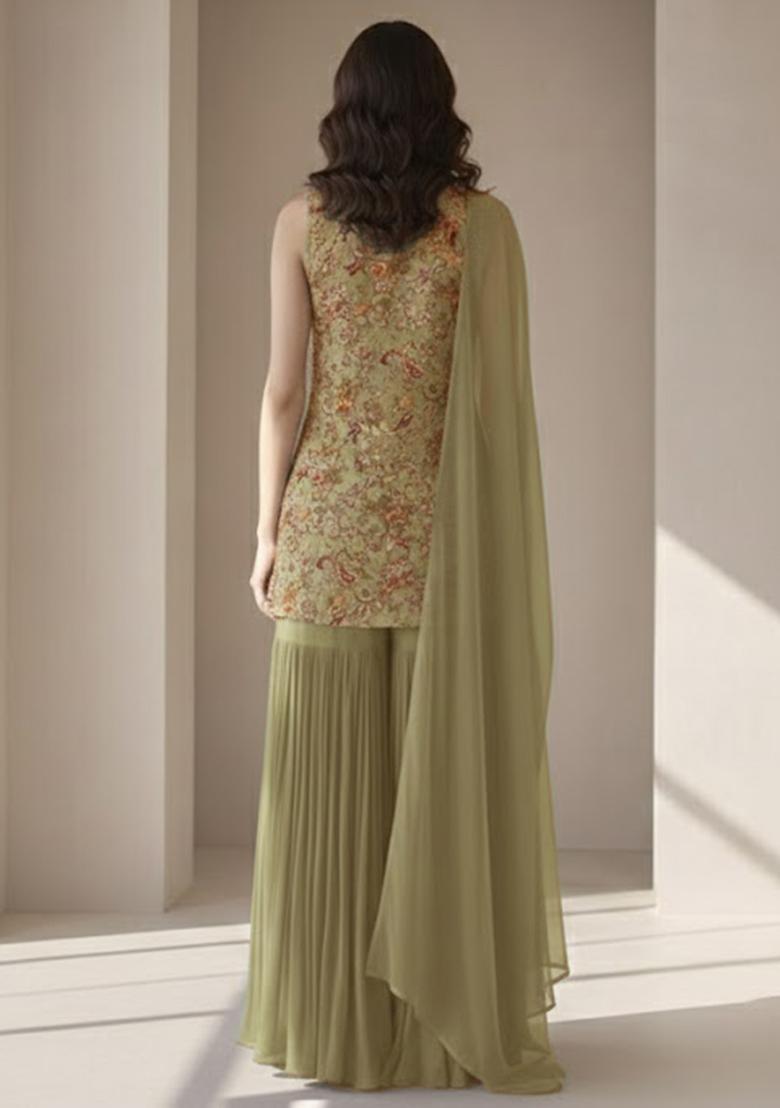 Sage Green Embroidered Crepe Sharara Set - Indya