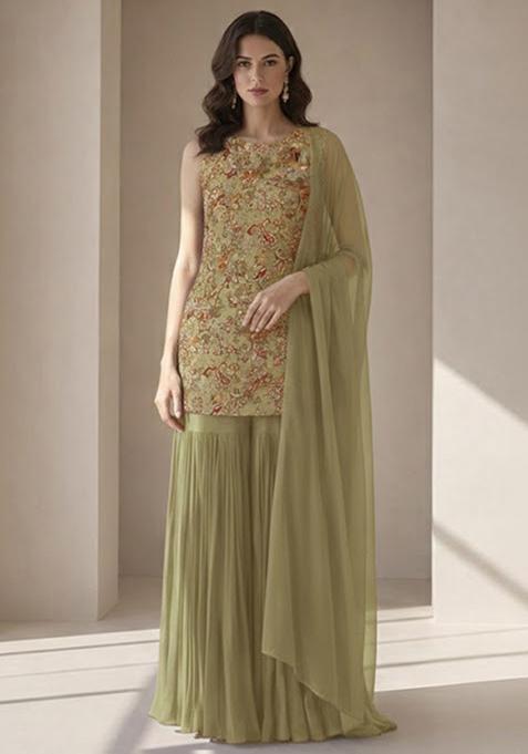 Sage Green Embroidered Crepe Sharara Set