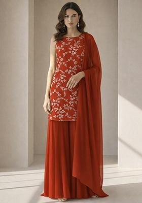 Red Embroidered Crepe Sharara Set