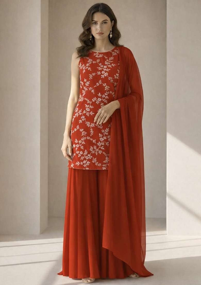 Red Embroidered Crepe Sharara Set - Indya