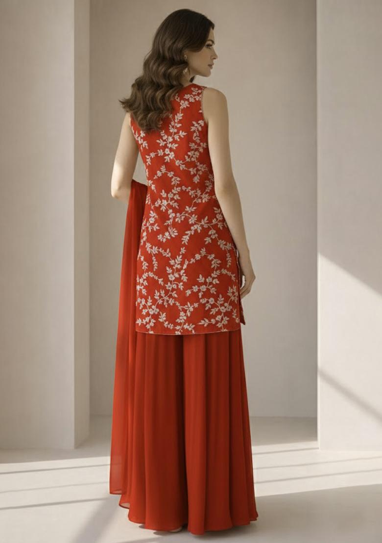 Red Embroidered Crepe Sharara Set - Indya