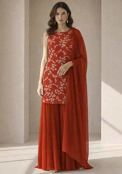 Red Embroidered Crepe Sharara Set