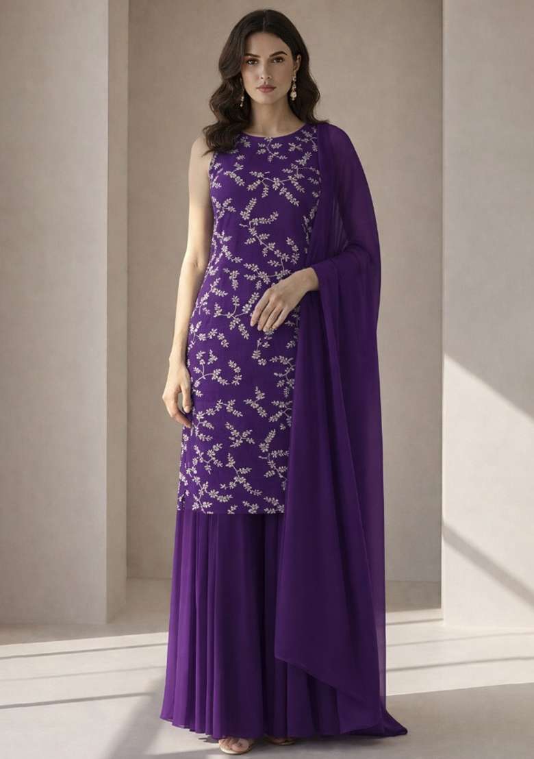 Purple Embroidered Crepe Sharara Set - Indya