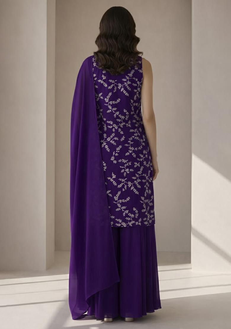 Purple Embroidered Crepe Sharara Set - Indya
