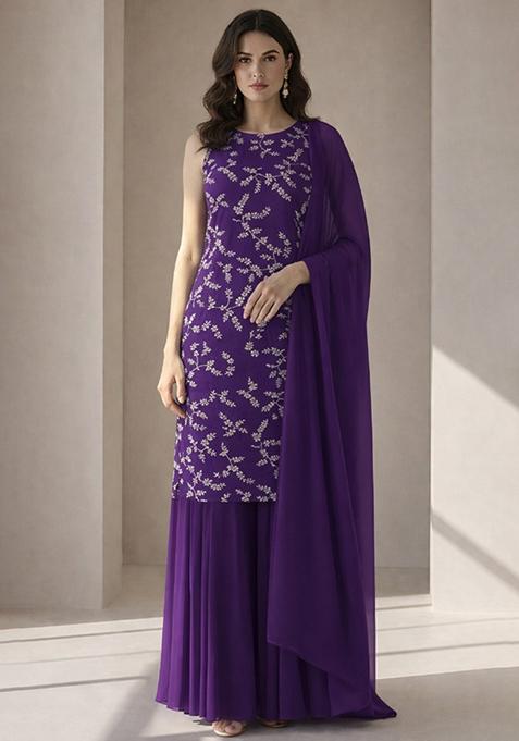 Purple Embroidered Crepe Sharara Set