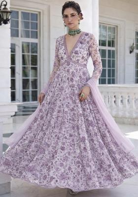 Dusty Pink Floral Print Crepe Anarkali With Dupatta