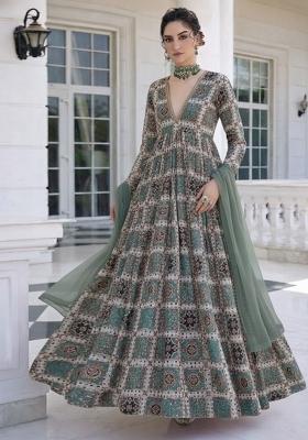 Emerald Green Sequin Crepe Anarkali With Dupatta