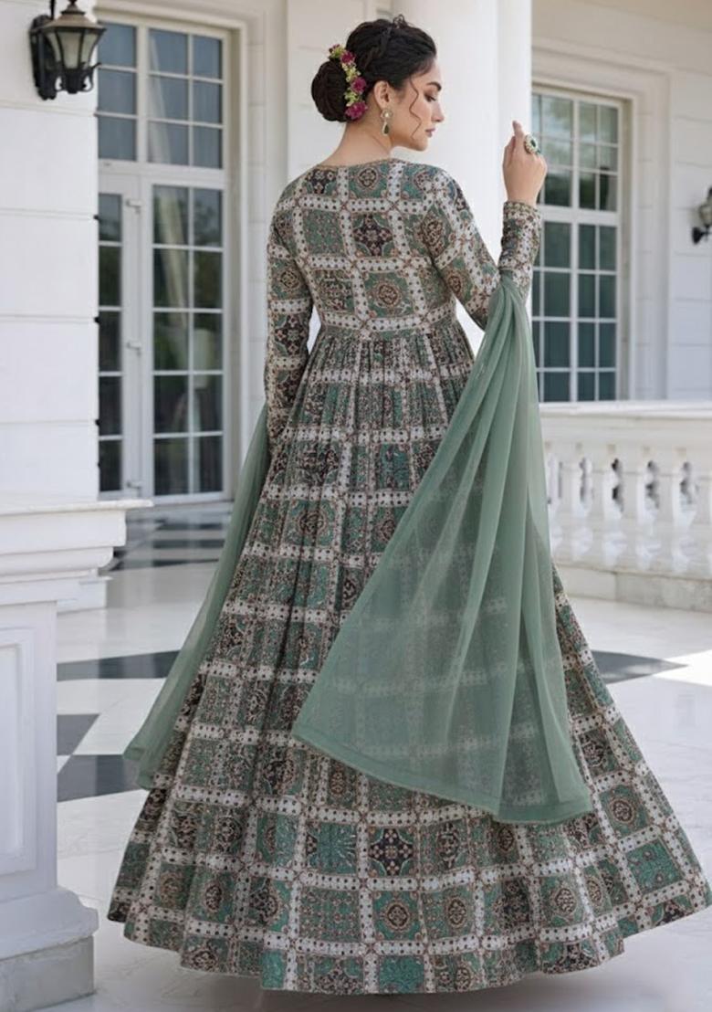 Emerald Green Sequin Crepe Anarkali With Dupatta - Indya