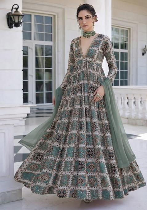 Emerald Green Sequin Crepe Anarkali With Dupatta