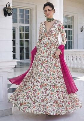 Rani Pink Floral Print Crepe Anarkali With Dupatta