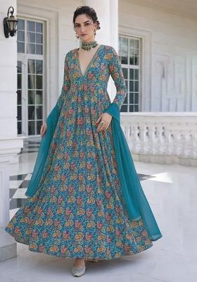 Emerald Green Floral Print Crepe Anarkali With Dupatta