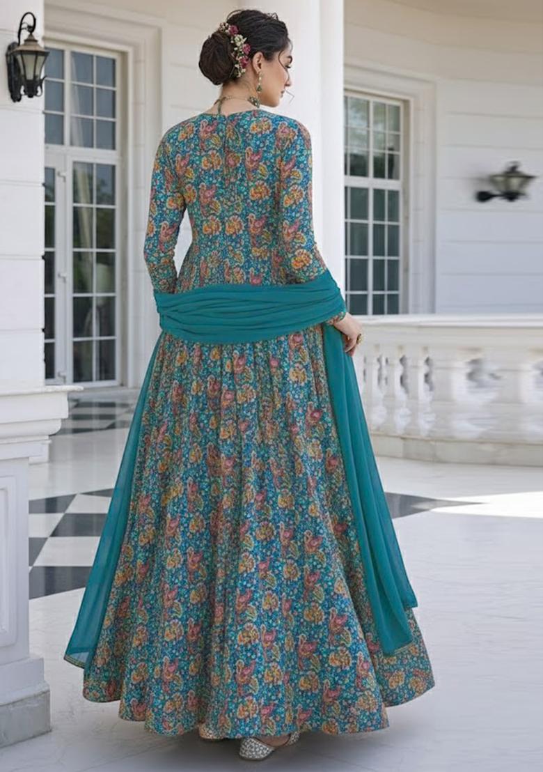 Emerald Green Floral Print Crepe Anarkali With Dupatta - Indya