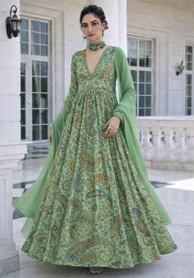 Sage Green Sequin Crepe Anarkali With Dupatta