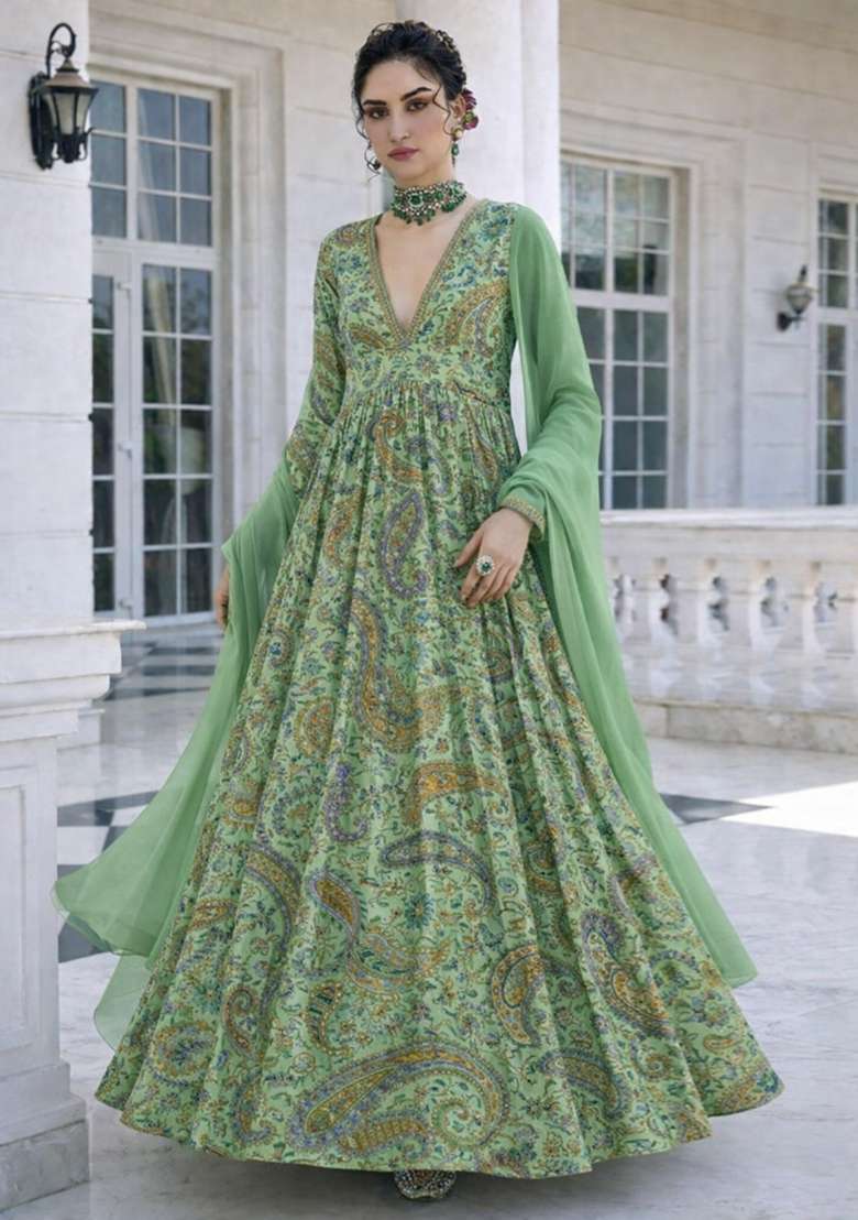 Sage Green Sequin Crepe Anarkali With Dupatta - Indya