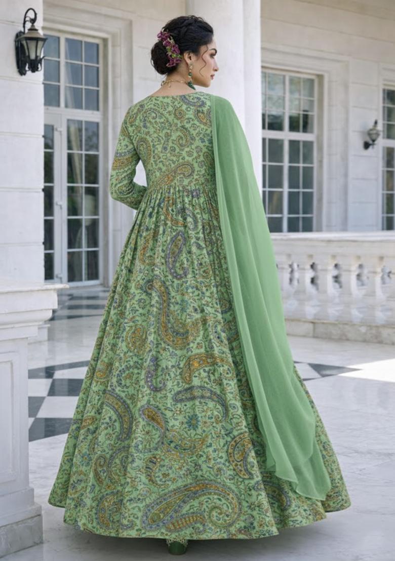 Sage Green Sequin Crepe Anarkali With Dupatta - Indya