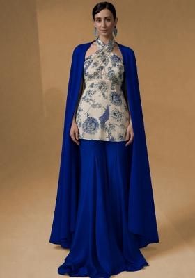 Royal Blue Floral Print Satin Sharara Set