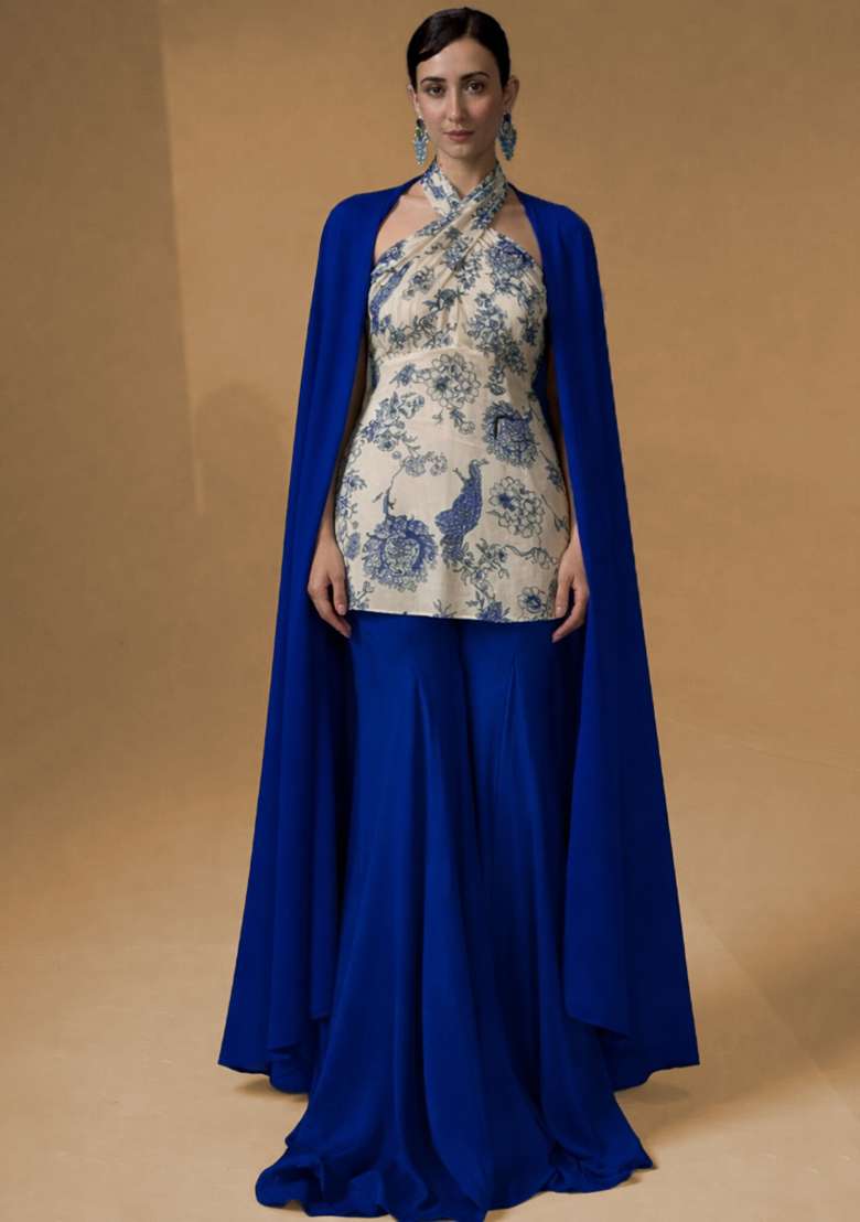 Royal Blue Floral Print Satin Sharara Set - Indya