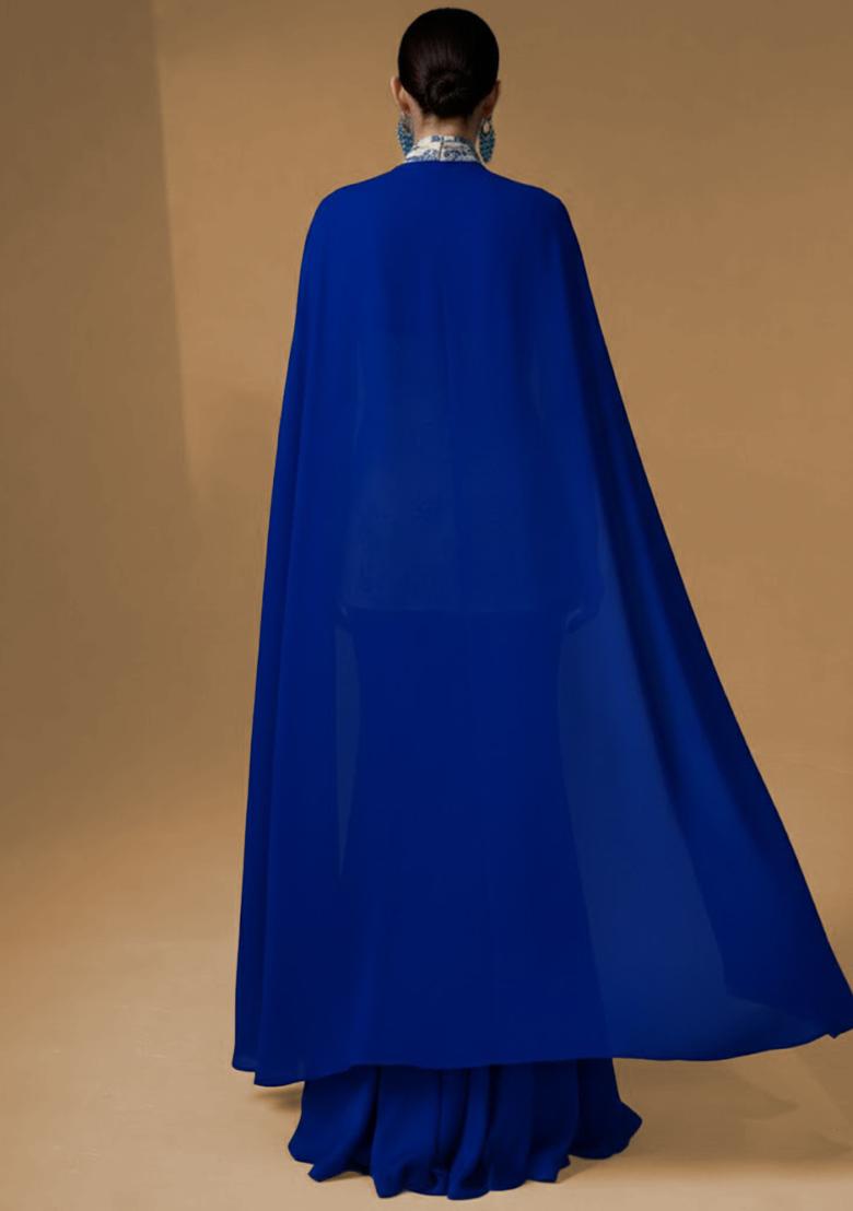 Royal Blue Floral Print Satin Sharara Set - Indya