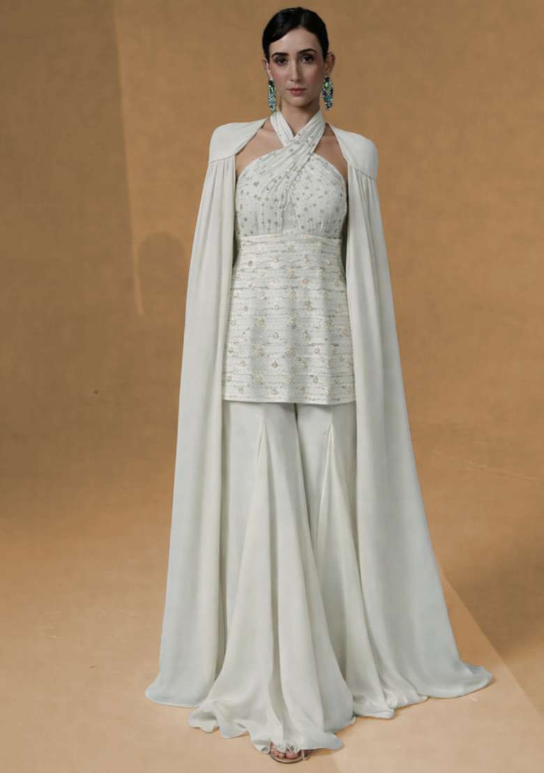 Off White Embroidered Georgette Sharara Set - Indya