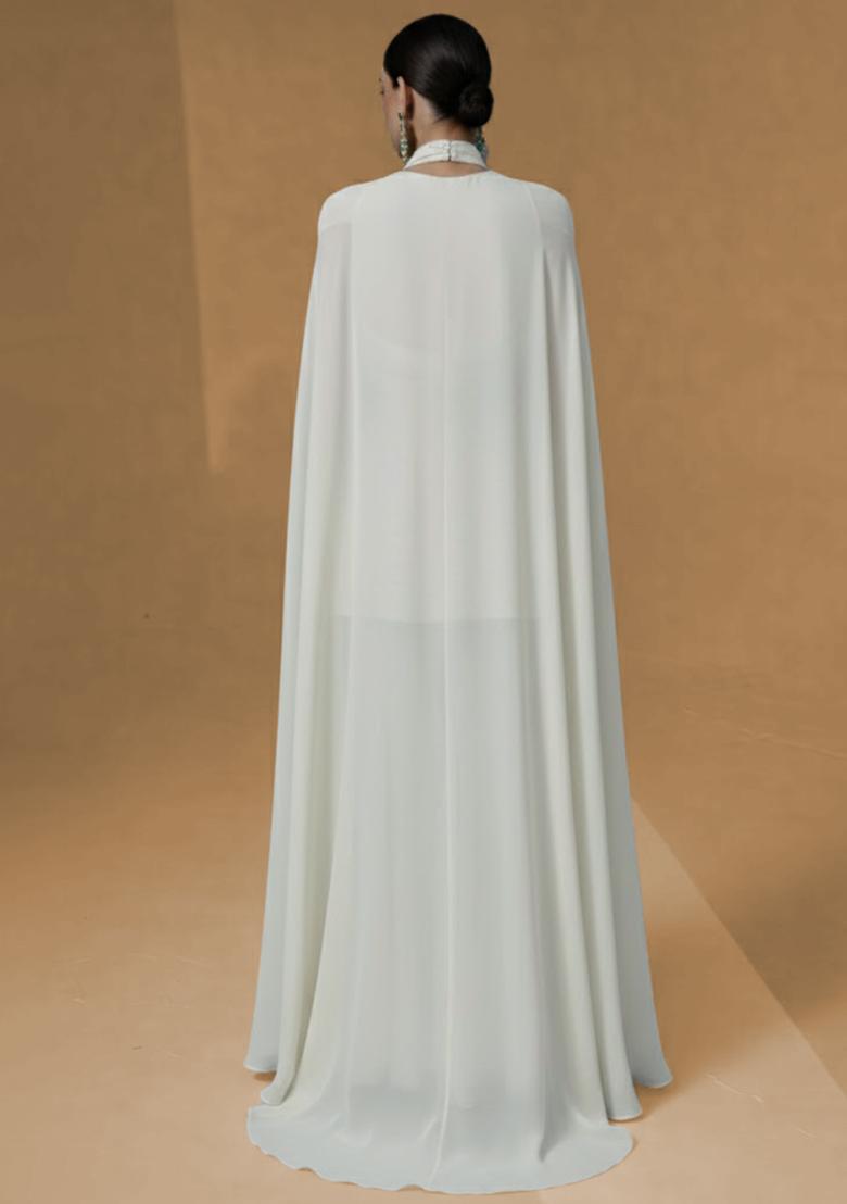 Off White Embroidered Georgette Sharara Set - Indya