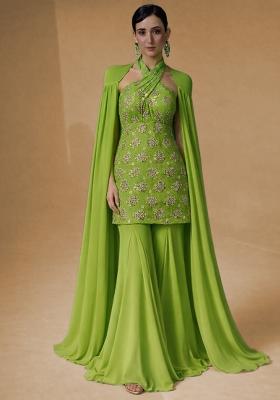Parrot Green Embroidered Georgette Sharara Set