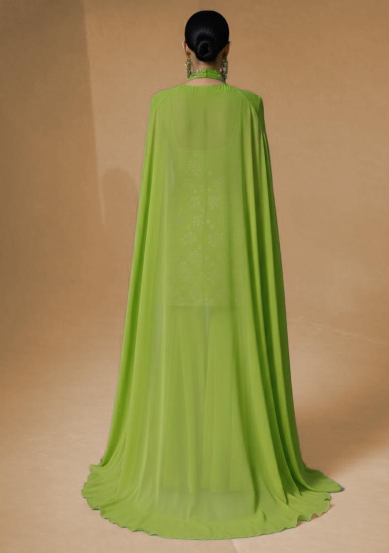 Parrot Green Embroidered Georgette Sharara Set - Indya