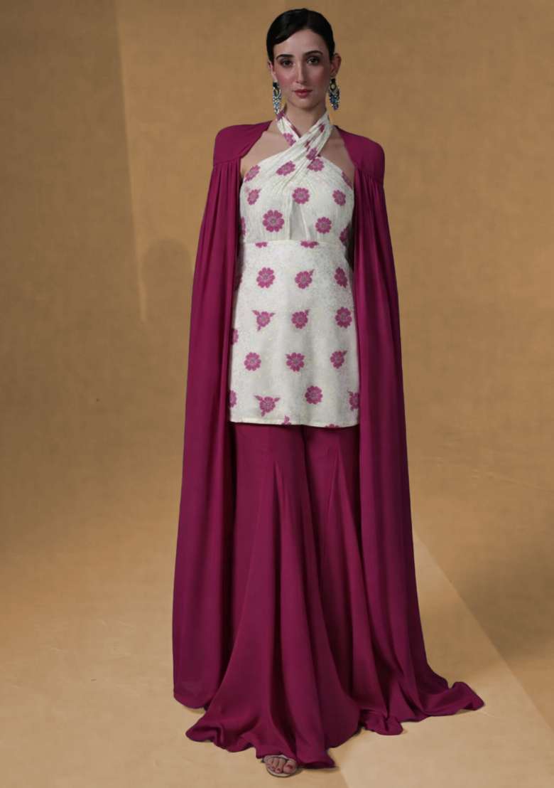 Rani Pink Embroidered Crepe Sharara Set - Indya