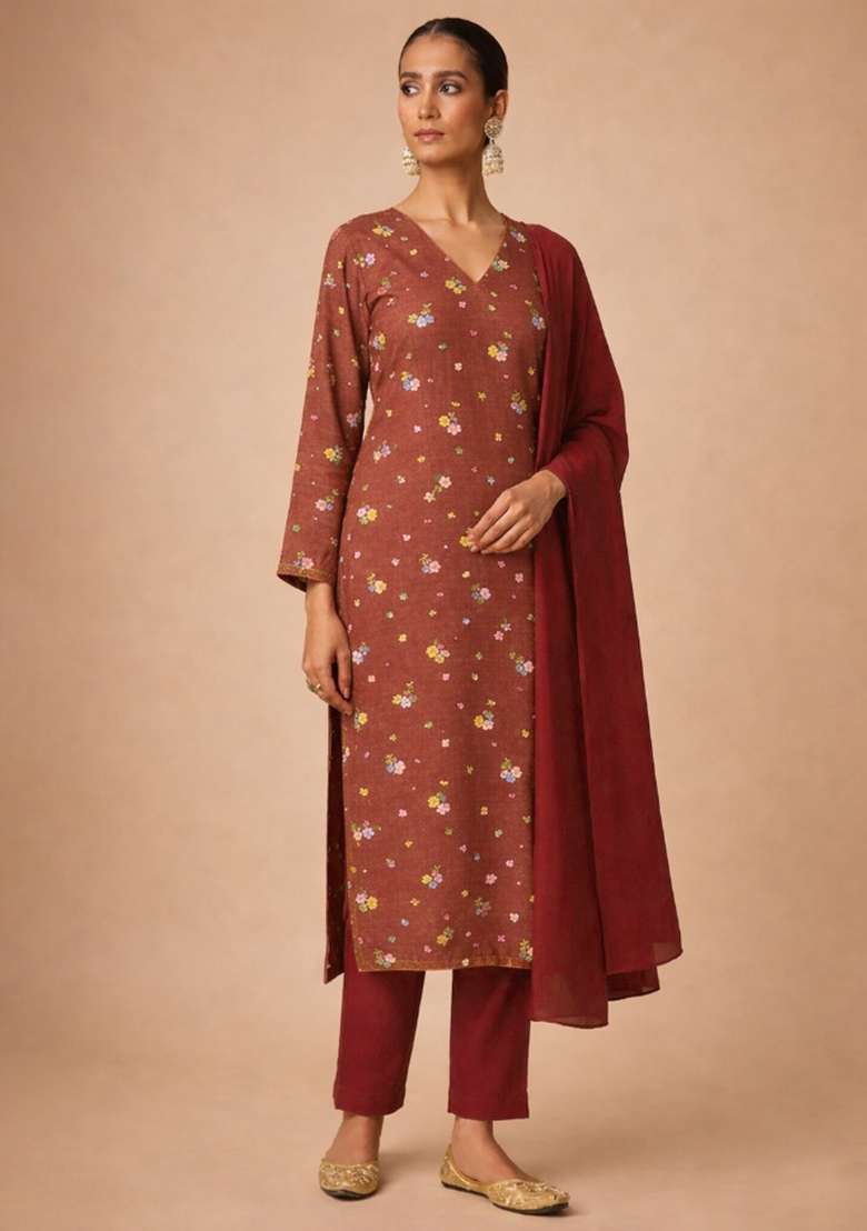 Rust Floral Print Chanderi Straight Kurta Set - Indya