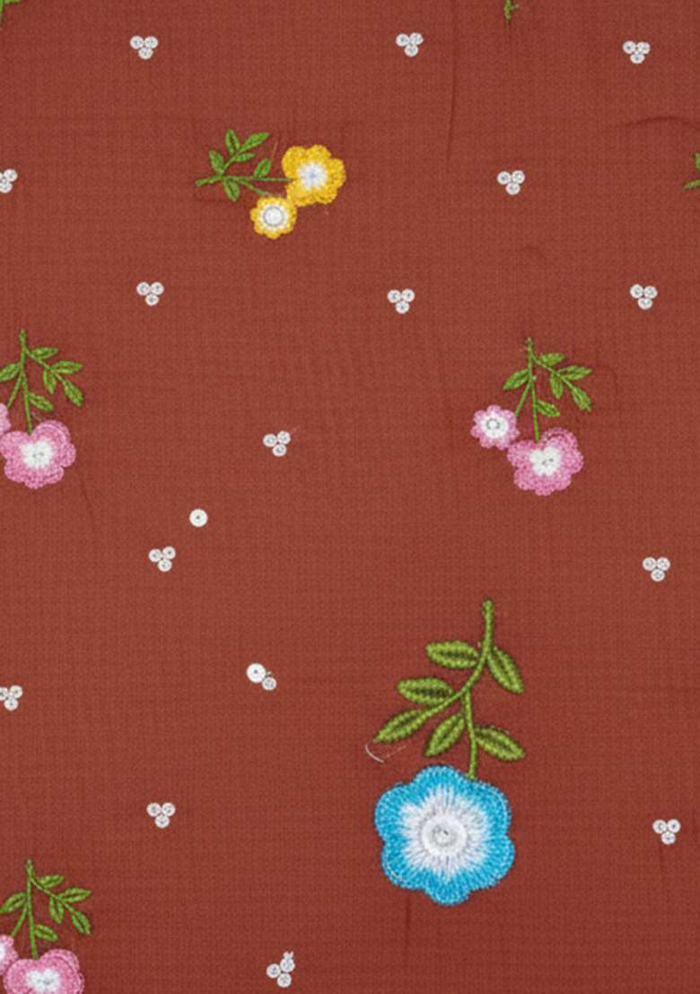 Rust Floral Print Chanderi Straight Kurta Set - Indya