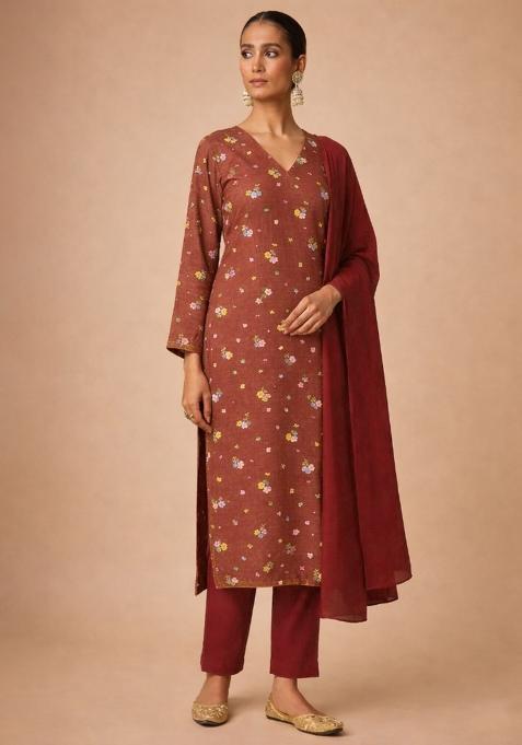 Rust Floral Print Chanderi Straight Kurta Set