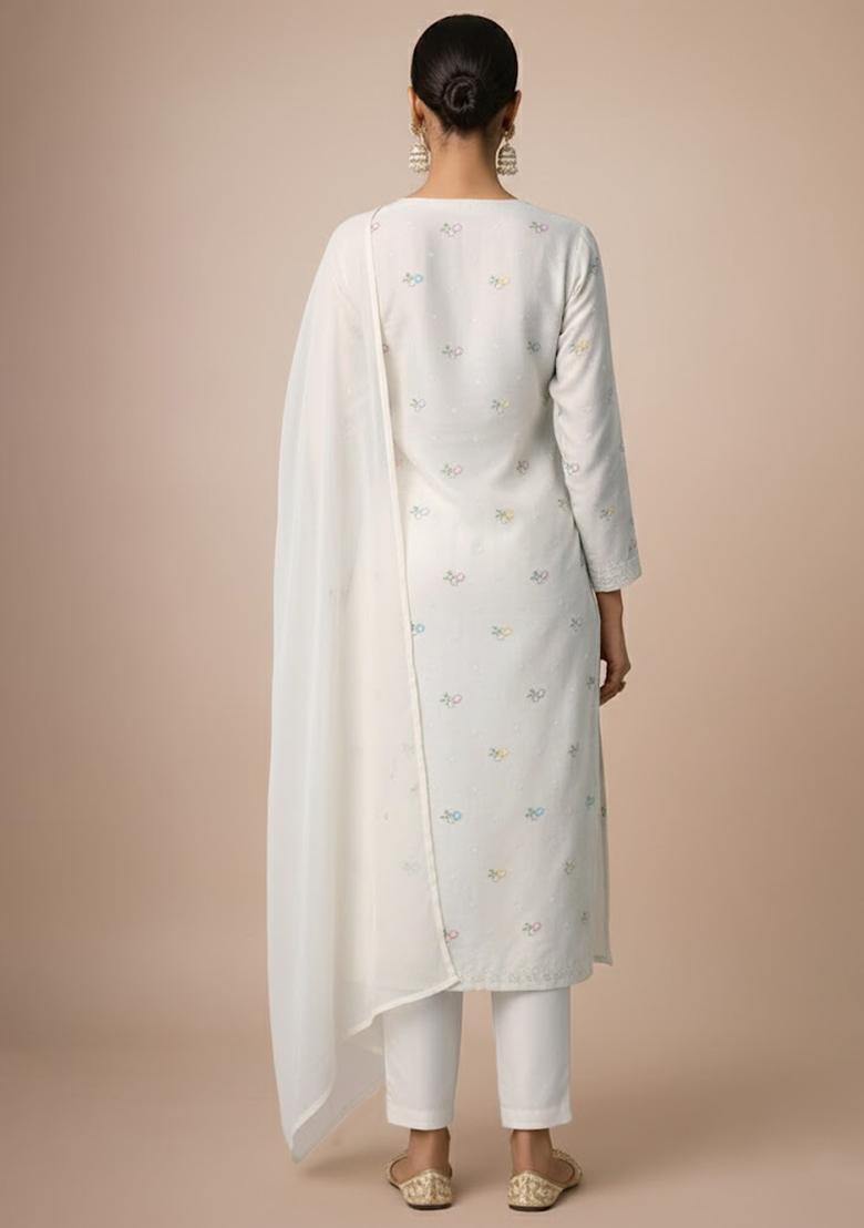 Off White Embroidered Chanderi Kurta Set - Indya
