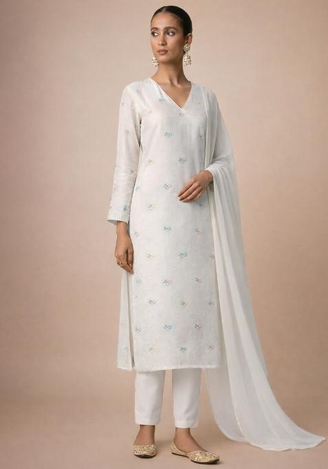 Off White Embroidered Chanderi Kurta Set