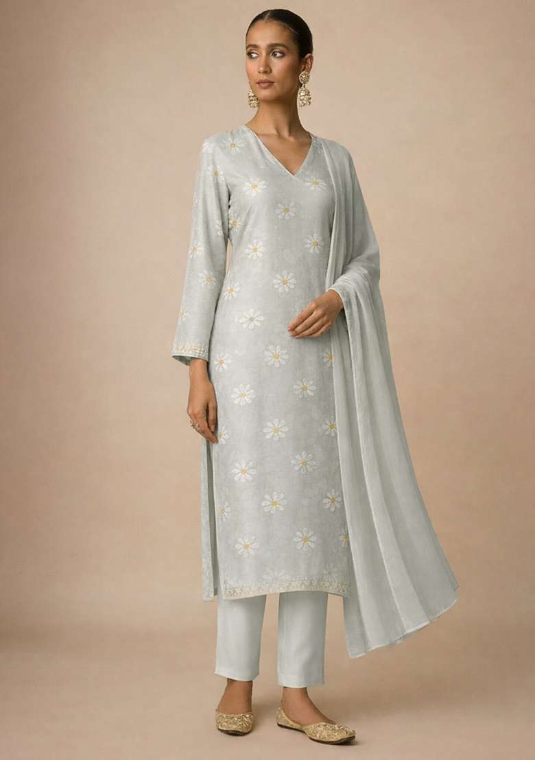 Ivory Embroidered Chanderi Straight Kurta Set - Indya