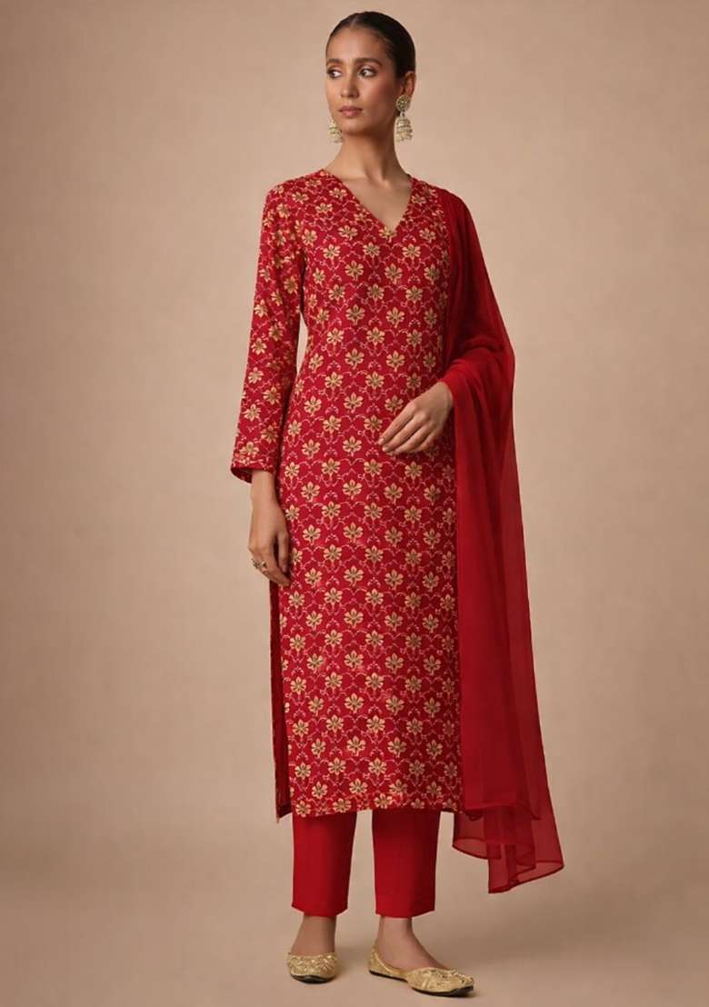 Red Printed Silk Straight Kurta Set - Indya
