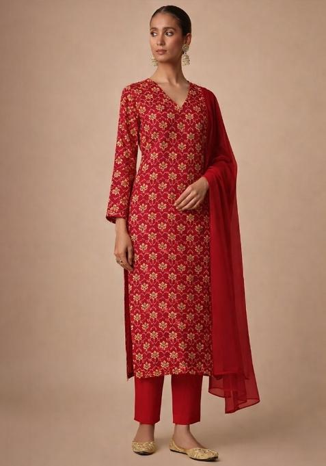 Red Printed Silk Straight Kurta Set
