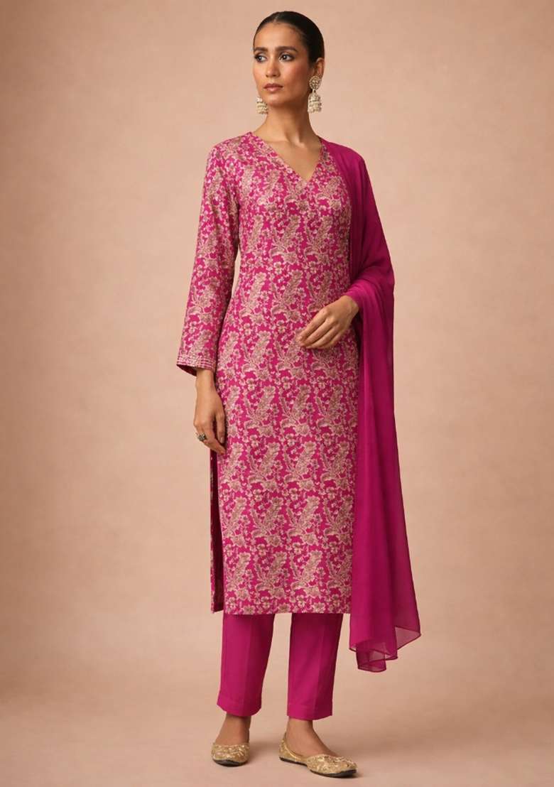 Rani Pink Floral Print Silk Straight Kurta Set - Indya