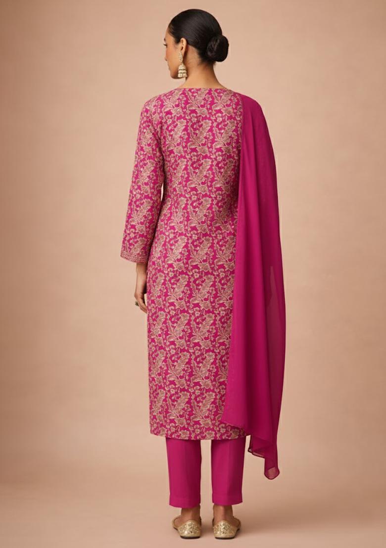 Rani Pink Silk Kurta Set - Indya