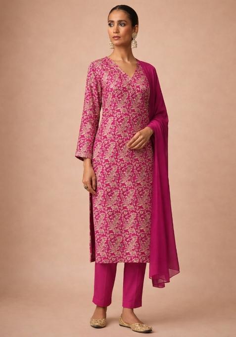 Rani Pink Floral Print Silk Straight Kurta Set